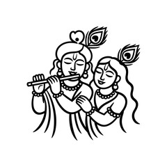 Fototapeta premium Illustration of Hindu Gods Krishna and Radha with Flute and Peacock Feathers