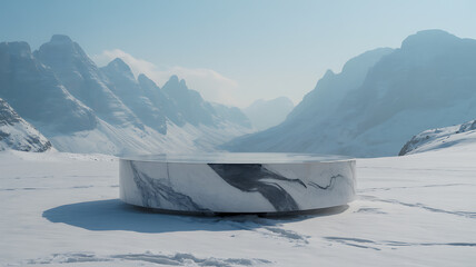 Marble platform in snowy mountain landscape under clear blue sky