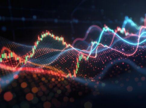 Abstract Financial Chart Data Visualization with Red, Blue, and Green Glowing Lines