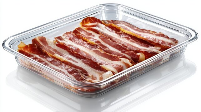 Raw streaky bacon slices in clear plastic packaging, offering a fresh cut pork product for breakfast meals, food preparation, and cooking ingredients - Powered by Adobe