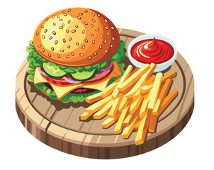 Classic beef burger served in a set with fries. Vector illustration
