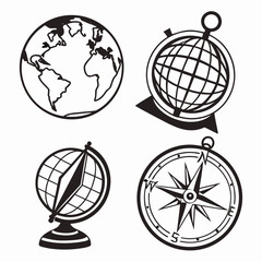 Four black silhouette vector designs of globes and compass