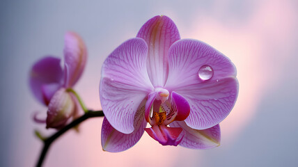 Beautiful pink orchid flower with water droplet in soft natural light