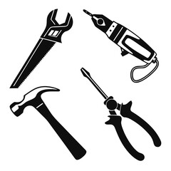 Four black silhouette vector designs of hand tools 1