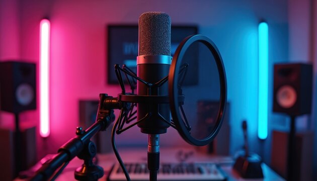 Pro condenser microphone with pop filter in dimly lit studio with neon pink and blue lights. Speakers and keyboard visible in background. Recording setup ready for voice. - Powered by Adobe