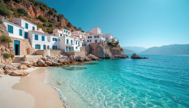 Whitewashed Mediterranean village perched on cliffside above clear turquoise sea. Houses with blue shutters overlook calm ocean bay. Sandy beach meets bright blue sky and gentle waves.