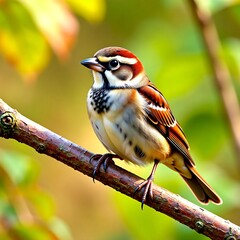 Fototapeta premium Vibrant sparrow perched on rustic branch with blurred green foliage background for marketing campaigns and branding materials showcasing nature wildlife themes with copy space