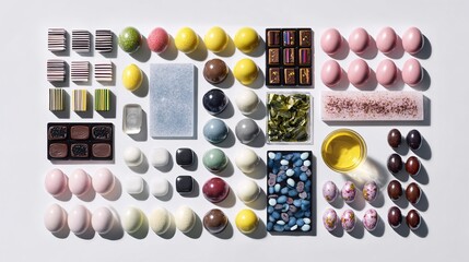 Artisanal Chocolate Bonbon Flat Lay—Colorful Assortment on White