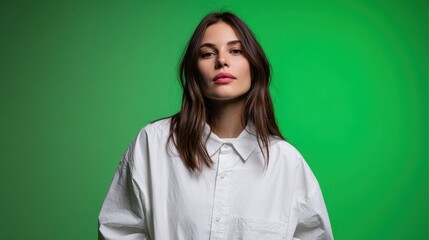 Fototapeta premium Young brunette woman looking at camera with a confident expression, standing in an isolated studio on a vibrant green background, wearing an oversized white shirt