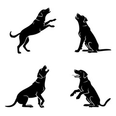 Four black dog silhouettes in various poses white animal