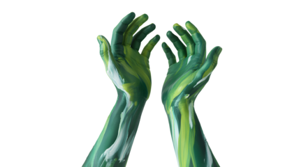 Pair of green painted hands reaching upwards isolated on transparent background
