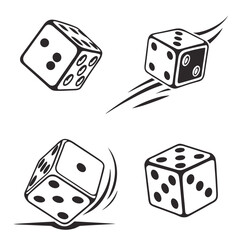 Four black silhouette dice rolling and tumbling gambling