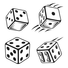 Four black silhouette dice with motion lines gambling