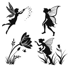 Four black silhouette vector designs of fairies and nature elements