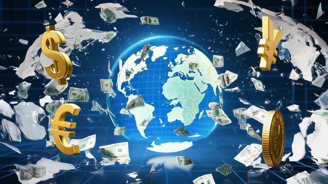 Global currency crisis shatters glass globe as dollar euro yen yuan symbols fly, dramatic finance chaos and financial market turmoil, economic