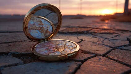 Golden compact, open with a mirror and powder makeup, on a cracked surface during sunset