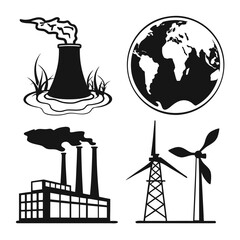 Black silhouette icons of industry and earth factory