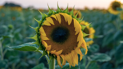 Bright yellow sunflower in full bloom with green leaves in sunny field