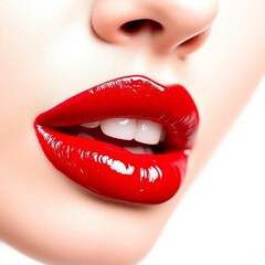 Fototapeta premium Glossy red lips and lipstick application – beauty closeups for cosmetic branding. AI generated. 