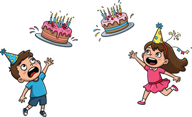 Children birthday celebration, kids reaching for cake, cartoon illustration, party hats, joyful childhood event, festive activity, birthday candles, happy kids