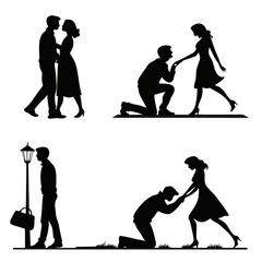 Four black silhouette vector designs of couples in various romantic poses