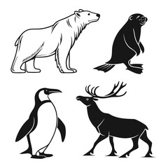 Four arctic animals polar bear penguin seal reindeer silhouettes