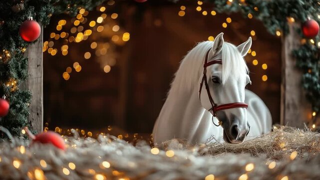 Beautiful white horse wearing a red Christmas scarf and red bridle standing in a stable decorated with Christmas trees, lights, and ornaments, creating a festive and magical atmosphere