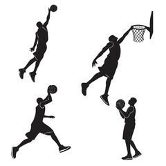 Four black silhouette basketball players in action