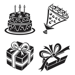 Four black silhouette birthday icons cake gifts bouquet