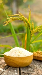 White rice in a wooden bowl, surrounded by rice stalks in a blurred background