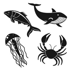 Four black silhouette vector designs of aquatic animals 2