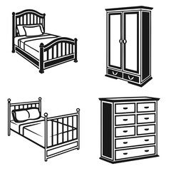 Four black silhouette vector designs of bedroom furniture 2
