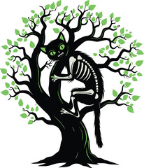 Skeletal cat with glowing green eyes perched on twisted tree, gothic fantasy illustration, spooky animal design, surreal horror theme, white background
