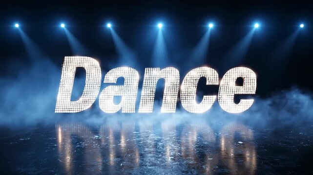 Shiny metallic word dance on reflective floor with blue stage lights and smoke in dark concert hall atmosphere