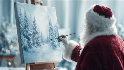 Christmas Scene with Santa Claus Painting a Snowy Landscape on Canvas in Festive Setting, Creating Art with Brush. Video made using Generative AI.