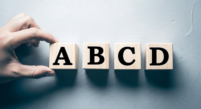 A hand places the letter a on a wooden block, completing a sequence of abcd