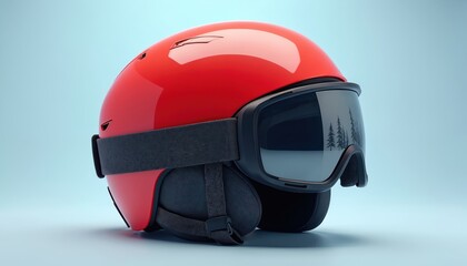 Fototapeta premium Red ski helmet and goggles combo rests on light blue background. Reflecting trees in goggles lens. Protective headwear for winter snow sports.