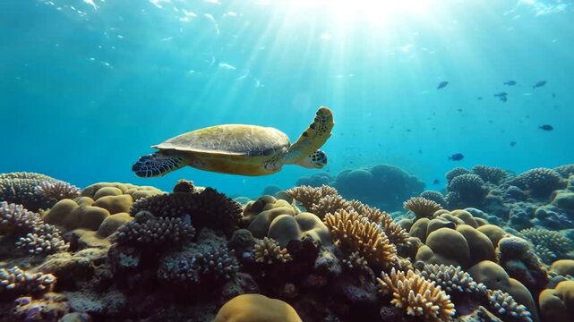 Tortue de mer nageant au-dessus d&rsquo;un r&eacute;cif corallien tropical ensoleill&eacute;