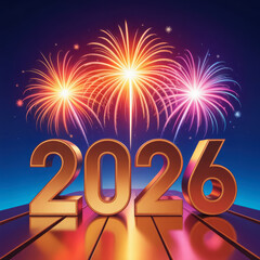 Golden 2026 numbers illuminated by vibrant fireworks display against a dark blue night sky