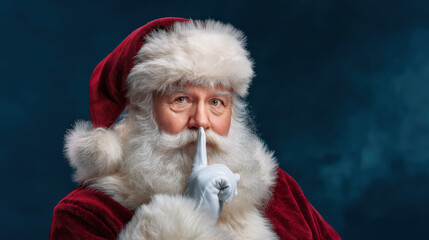 Santa in festive red suit and hat, holding finger to lips, creating a sense of mystery and joy, embodying the spirit of holiday cheer and celebration
