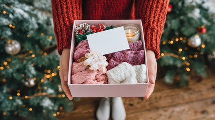 Woman holding a beautifully arranged gift box filled with cozy knitted accessories, surrounded by festive decorations and a warm, inviting atmosphere for holiday celebrations