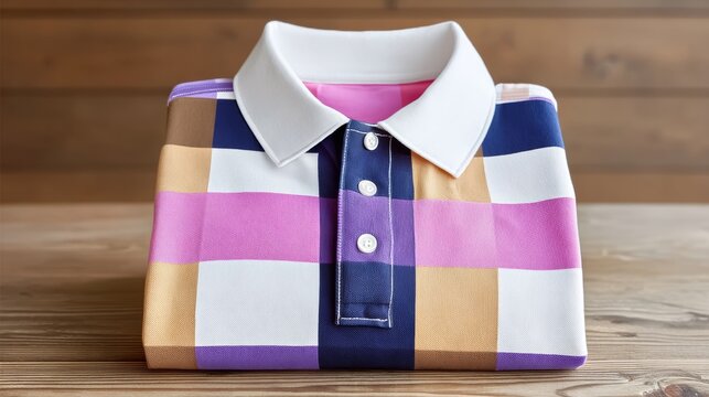 A shirt with a plaid pattern is folded and placed on a wooden table. The shirt is colorful and has a checkered design
