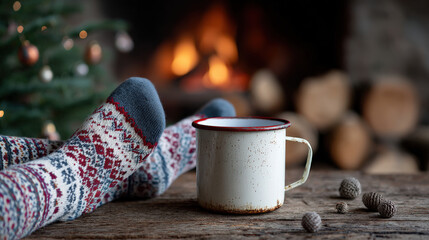 Cozy scene featuring warm knitted socks resting on a wooden table beside a rustic mug, with a glowing fireplace and Christmas tree in the background, evoking holiday comfort and relaxation