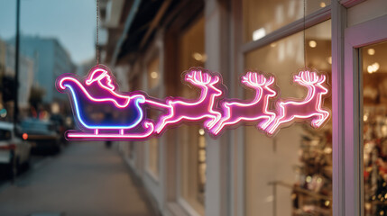 Neon sign featuring Santa Claus in a sleigh being pulled by three reindeer, creating a festive atmosphere in a city street during the holiday season with vibrant colors