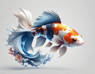 Fototapeta premium Graceful fantail goldfish illustration with elegant flowing fins creating a dynamic blue and orange water splash effect