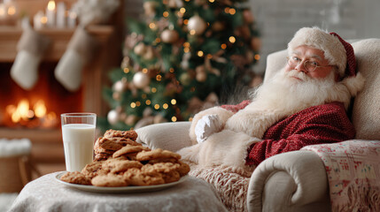 Santa Claus in festive attire relaxing in a cozy armchair by the fireplace, surrounded by a beautifully decorated Christmas tree, enjoying cookies and milk for a joyful holiday atmosphere