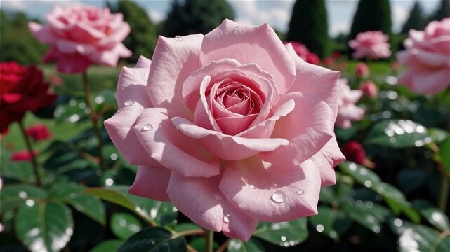 Belle rose rose en fleur dans un jardin ensoleill&eacute;