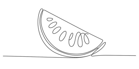 Minimalist continuous one line drawing of a juicy watermelon slice art with seeds and rind detail vector
