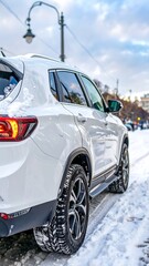White SUV in snowy city street