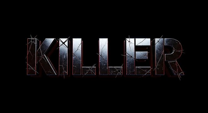 Cracked Metal Typography: 'Killer' Word Art with Textured Surface on Dark Background, Intense Theme and Visual Effects.